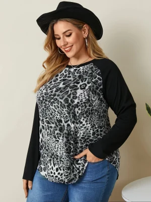Plus Size Casual Leopard Print Raglan Sleeve Color Block Top