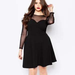 Plus Size Elegant A-line Dot Print Mesh Sleeve Dress