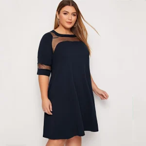 Plus Size Half Sleeve Swing Dress with Mesh Panel