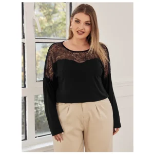 Plus Size Lace Patchwork Long Sleeve Drop Shoulder Blouse