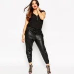 Plus Size Casual Black PU Leather Drawstring Waist Cargo Pants