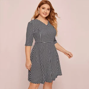 Plus Size V-neck Houndstooth A-line Work Dress for Women