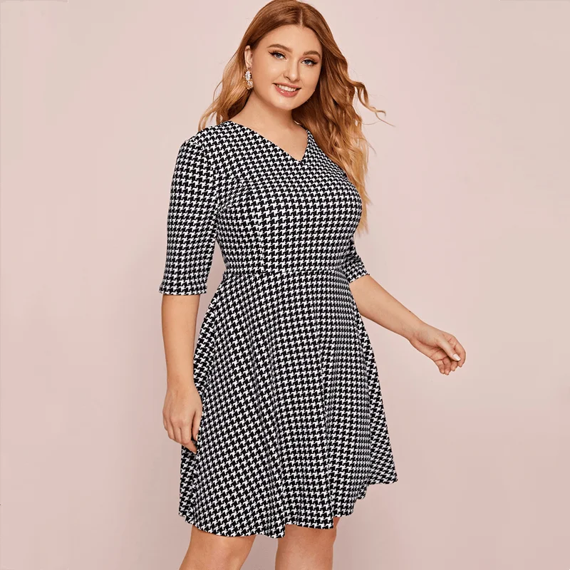 Plus Size V-neck Houndstooth A-line Work Dress for Women