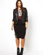 Plus Size High Elastic Waist Black Pencil Midi Skirt