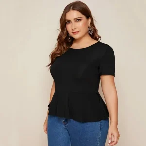 Plus Size Ruffle Hem Short Sleeve Keyhole Back Blouse