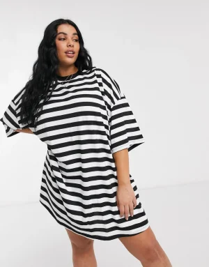 Plus Size Drop Shoulder Striped Knee Length T-shirt Dress