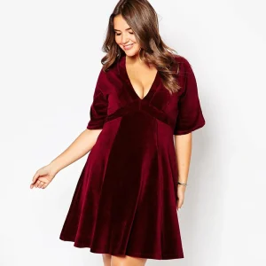 Plus Size V-Neck Velvet Fit and Flare A-Line Dress