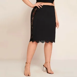 Plus Size Elastic Waist Lace Trim Bodycon Midi Skirt
