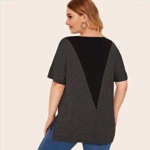 Plus Size Casual Color Blocked Asymmetrical Hi-Low T-shirt
