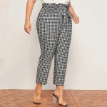 Plus Size Paperbag Waist Gingham Plaid Ankle Length Pants