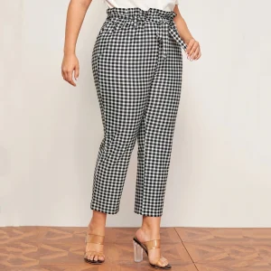 Plus Size Paperbag Waist Gingham Plaid Ankle Length Pants
