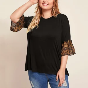 Plus Size Leopard Printed Bell Sleeve Casual Summer T-Shirt