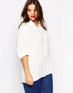 Plus Size Hi-Low Long Sleeve Button Front White Blouse
