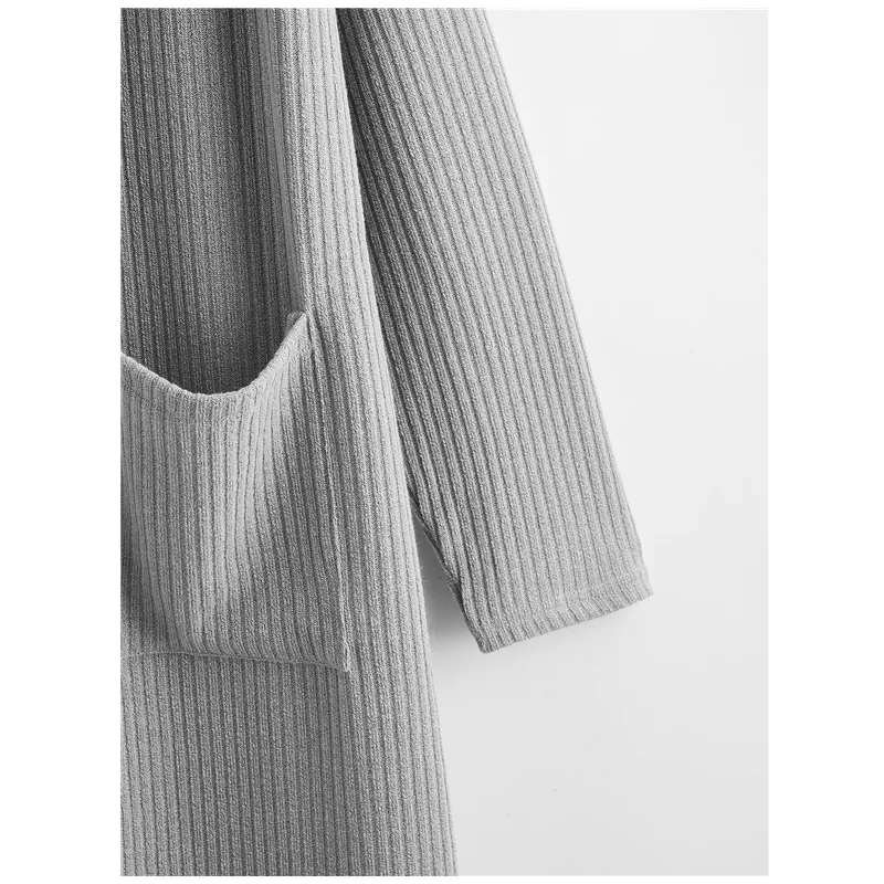 Plus Size Hooded Open Front Ribbed Knit Cardigan Duster Jacket - Image 3