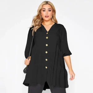 Plus Size Button Down V-neck 3/4 Sleeve Tiered Tunic Top