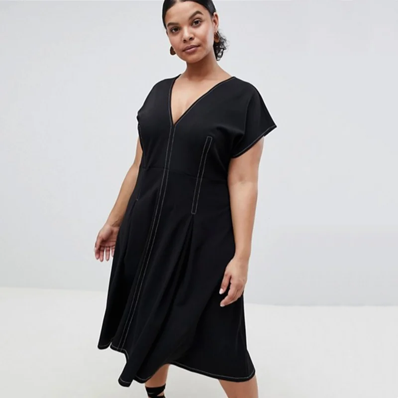 Plus Size Sexy V-neck A-line Fit and Flare Midi Dress