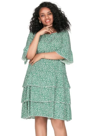 Plus Size 3/4 Sleeve Ditsy Floral Print Boho Dress