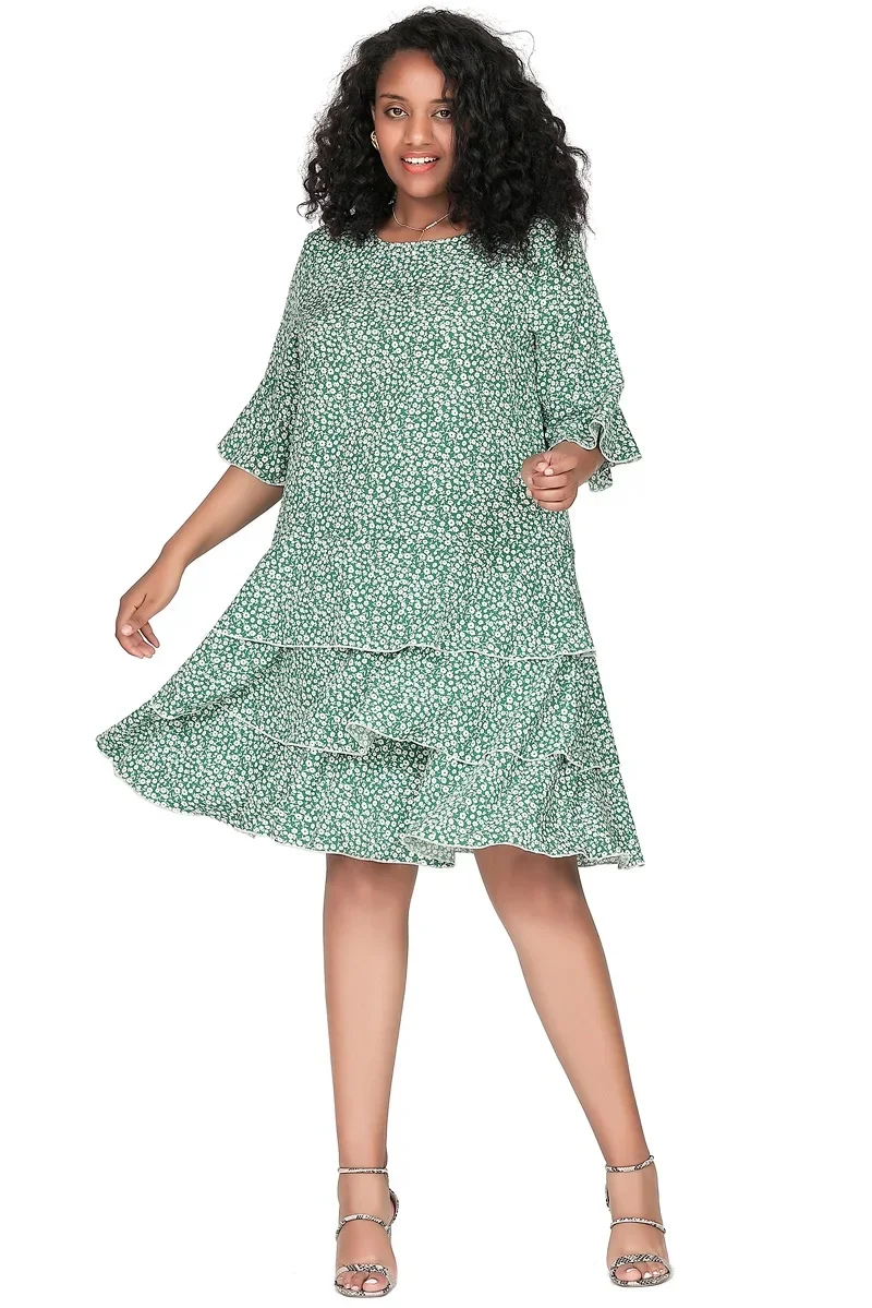Plus Size 3/4 Sleeve Ditsy Floral Print Boho Dress - Image 2