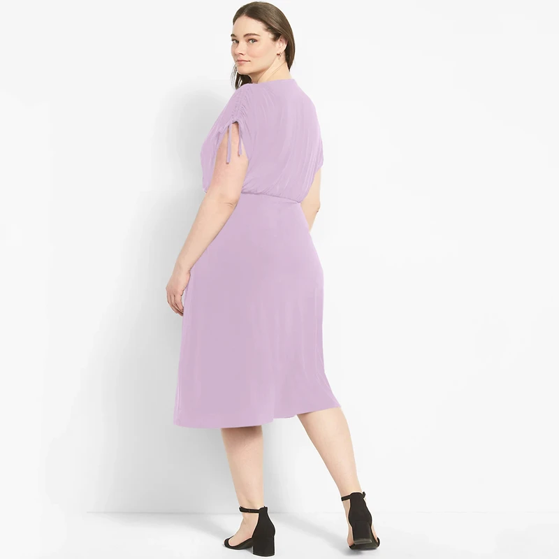 Plus Size Surplice Neck Ruched Midi Wrap Dress - Image 2