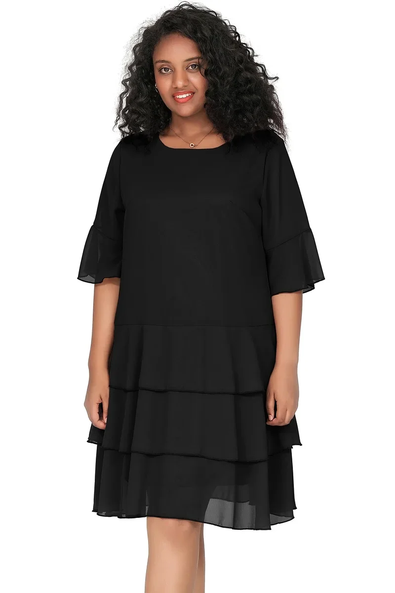 Womens Plus Size 3/4 Sleeve Flowy A-line Chiffon Dress - Image 2