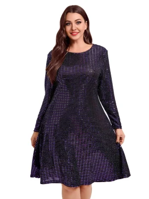 Plus Size Sparkly Glitter Swing Dress Long Sleeve Cocktail