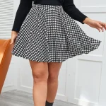 Plus Size Black and White Houndstooth Flared Mini Skirt