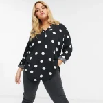 Plus Size Half Button Polka Dot Roll Sleeve Blouse