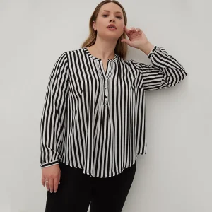 Plus Size Half Placket Striped Long Sleeve Blouse