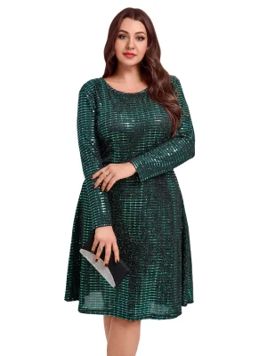 Plus Size Sparkly Glitter Long Sleeve Swing Cocktail Dress