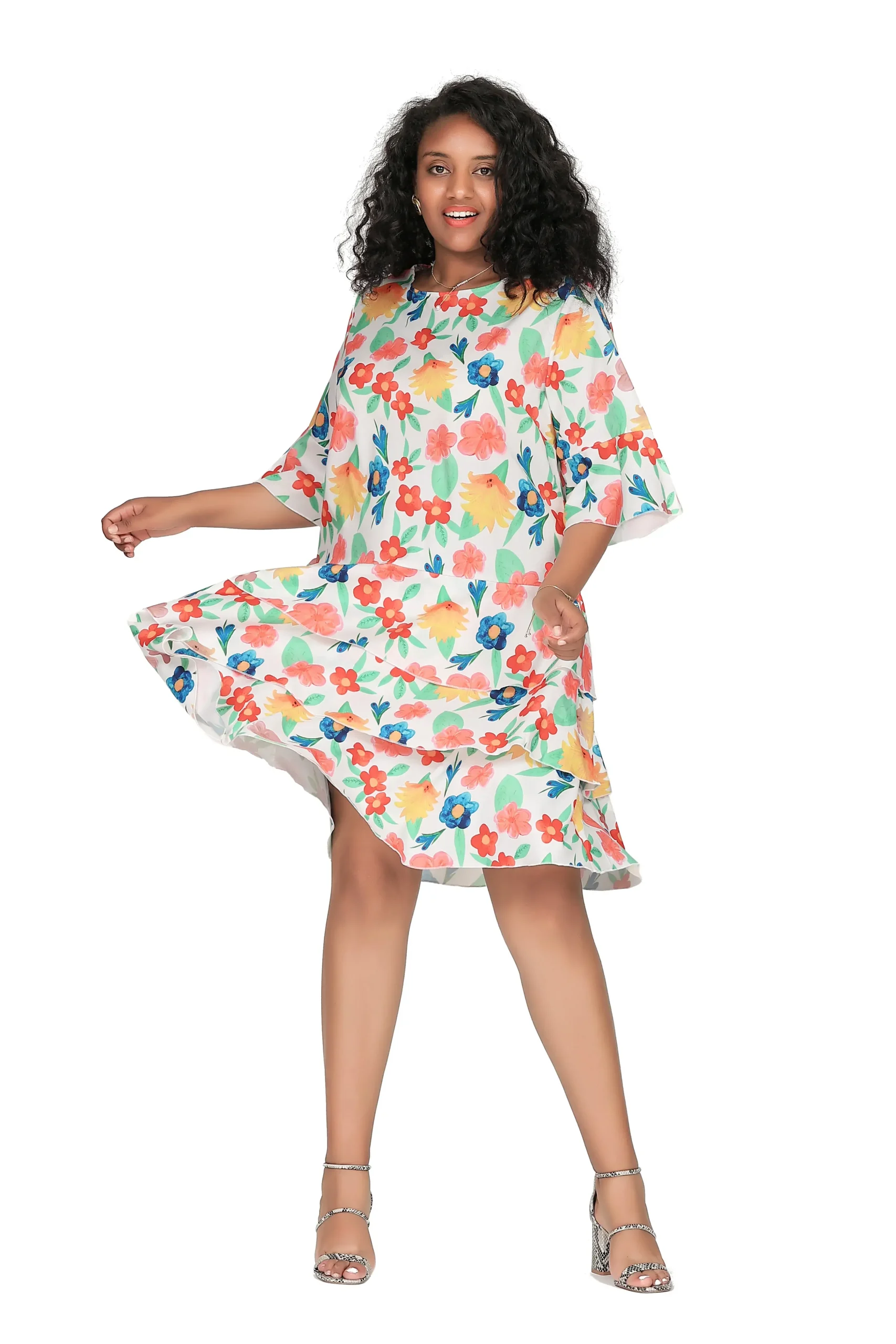 Plus Size 3/4 Sleeve Floral Boho Tiered Ruffle Dress - Image 3