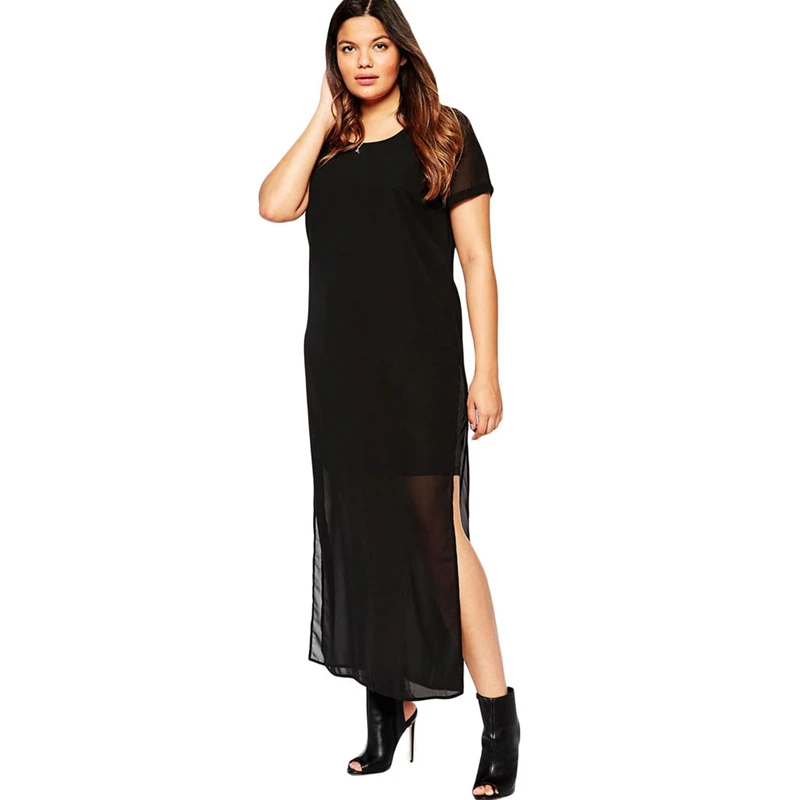 Plus Size Elegant Black Chiffon Split Sleeve Office Dress - Image 3