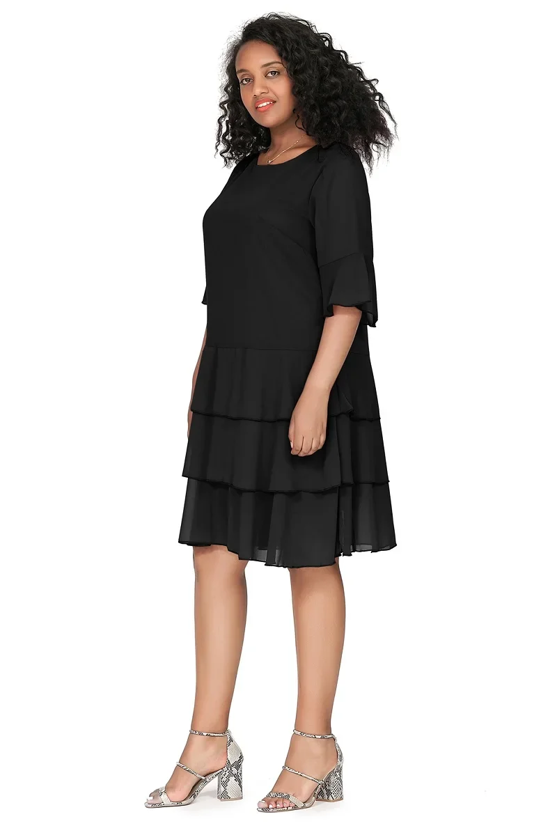 Womens Plus Size 3/4 Sleeve Flowy A-line Chiffon Dress - Image 4