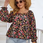 Plus Size Floral Printed Square Neck Peplum Boho Blouse