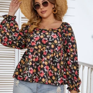 Plus Size Floral Printed Square Neck Peplum Boho Blouse