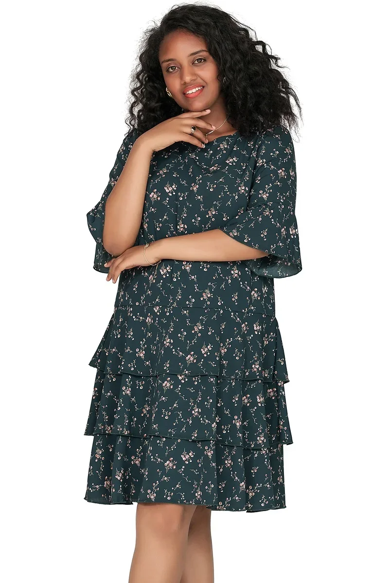 Plus Size 3/4 Sleeve Floral Print Boho A-line Dress - Image 3