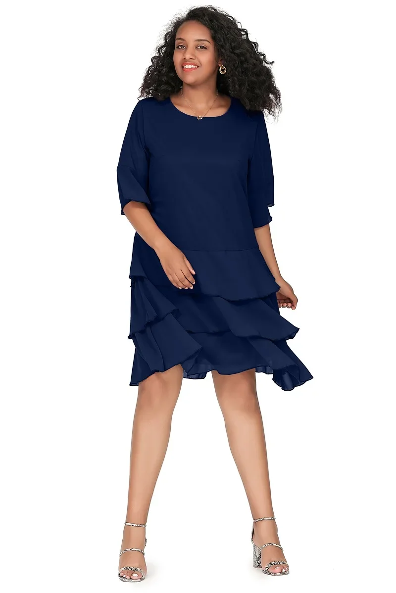 Plus Size 3/4 Sleeve Chiffon Cocktail A-line Ruffle Dress - Image 5
