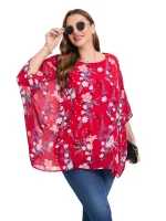 Plus Size Elegant Summer Chiffon Batwing Sleeve Tunic Blouse