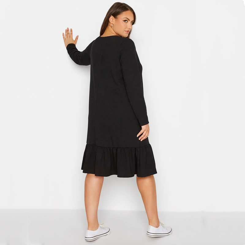 Plus Size Elegant Long Sleeve Black Frill Midi Dress - Image 2