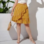 Plus Size Elastic Waist Floral Ruffle Trim Midi Skirt