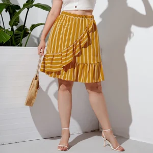 Plus Size Elastic Waist Floral Ruffle Trim Midi Skirt