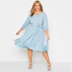 Plus Size Puff Sleeve Elegant Tie Waist Midi Dress