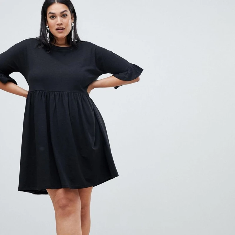 Plus Size Casual Summer A-Line Flounce Sleeve Cotton Dress - Image 3