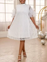 Women’s White Floral Lace Loose Dress with Ruffle Sleeves