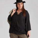 Plus Size 3/4 Sleeve Flare Hem Black Tunic Blouse