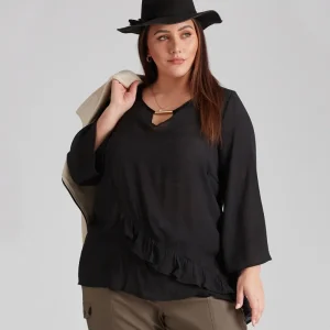 Plus Size 3/4 Sleeve Flare Hem Black Tunic Blouse