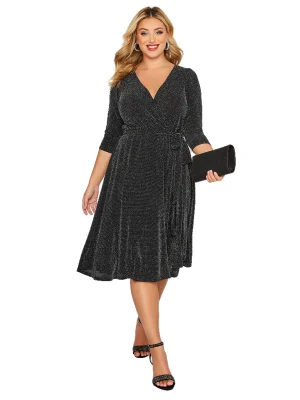 Plus Size Elegant Long Sleeve Glitter Wrap Cocktail Dress