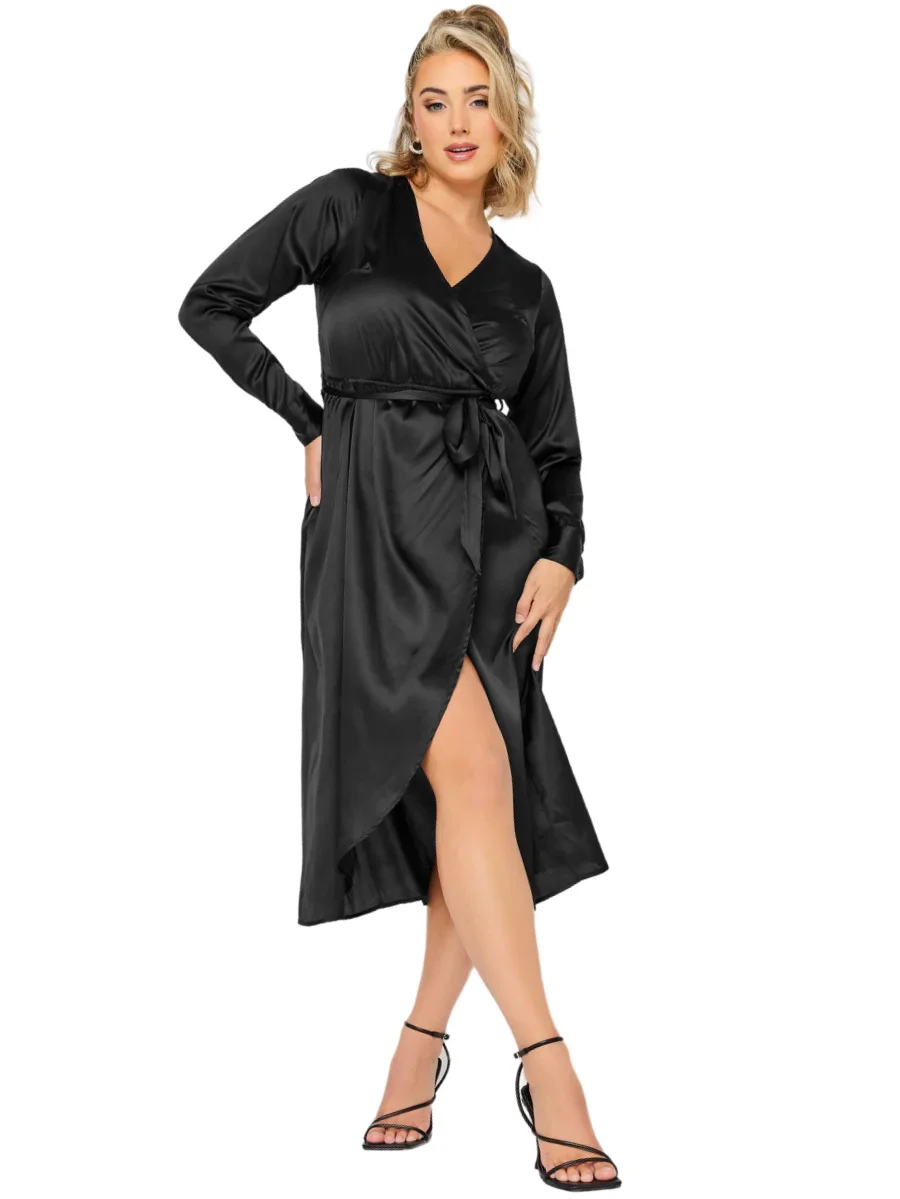 Autumn V-neck Long Sleeve Plus Size Dress with Slit Skirt - Image 2