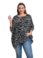 Plus Size Summer Batwing Sleeve Tiger Stripe Chiffon Blouse
