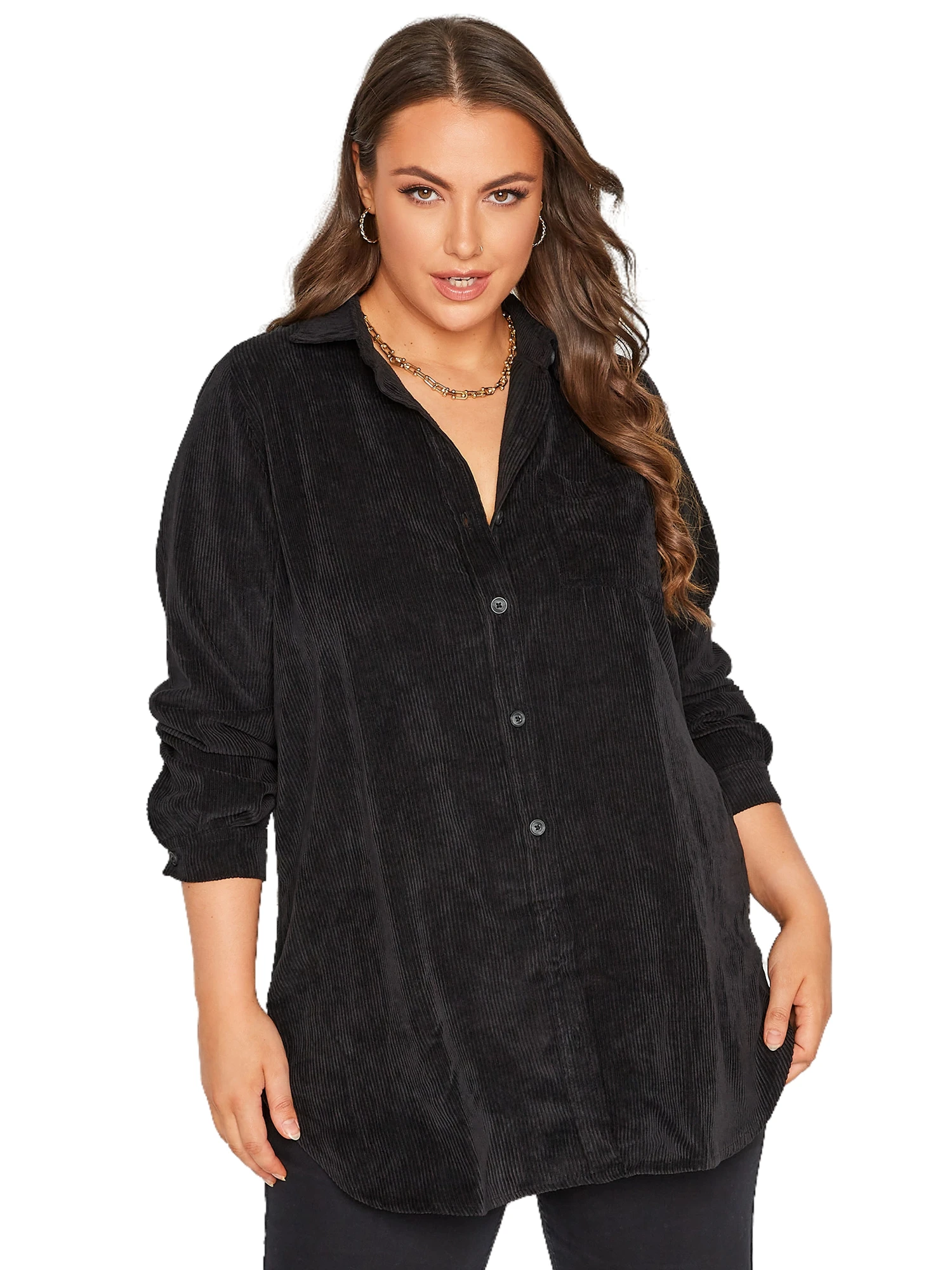 Plus Size Elegant Autumn Winter Corduroy Button-Up Shirt - Image 3