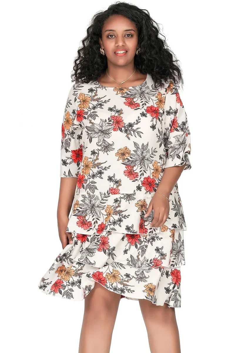 Plus Size 3/4 Sleeve Floral Print Boho A-line Dress - Image 2